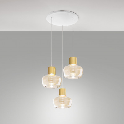 Fabas Luce - Kino - Lampada a sospensione a LED struttura in metallo con 3 diffusori in vetro - Colore: Cognac - 3 Lampadine - Led Integrato - 36W - Lumen 3900 - Gradi Kelvin 3000k Luce Calda - IP20 - SKU: 3767-47-365