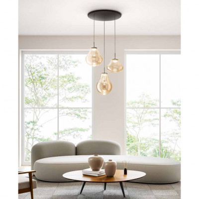 Fabas Luce - Deva - Lampada a sospensione dal design moderno a LED con 3 diffusori in vetro - 3 Lampadine Led Integrato 42W - Lumen 4530 - Gradi Kelvin 2700K-3000K-4000K - IP20 - SKU: 3774-47