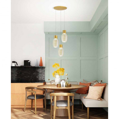 Fabas Luce - Lapo - Lampada a sospensione moderna a LED in metallo 3 diffusori in vetro - Colore: Cognac - 3 Lampadine Led Integrato 36W - Lumen 3900 - Gradi Kelvin 3000k Luce Calda - IP20 - SKU: 3768-47-365