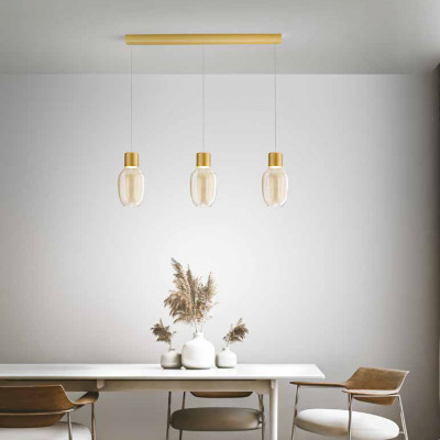 Fabas Luce - Lapo - Lampada a sospensione moderna a LED in metallo 3 diffusori lineari in vetro - Colore: Cognac - 1 Lampadina Led Integrato 36W - Lumen 3900 - Gradi Kelvin 3000k Luce Calda - IP20 - SKU: 3768-48-365
