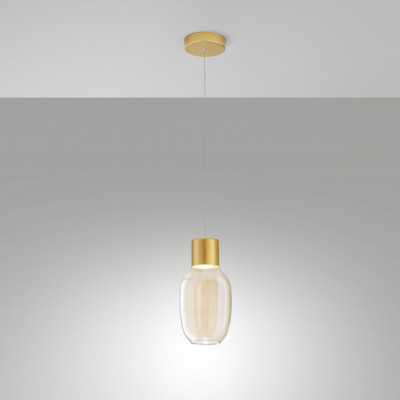 Fabas Luce - Lapo - Lampada a sospensione moderna a LED in metallo con singolo diffusore in vetro - Colore: Cognac - 1 Lampadina Led Integrato 12W - Lumen 1300 - Gradi Kelvin 3000k Luce Calda - IP20 - SKU: 3768-40-365