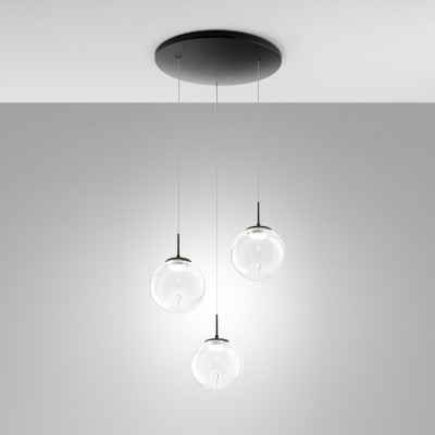 Fabas Luce - Ariel - Lampada a sospensione rotonda a LED con 3 diffusori in vetro - Colore: Trasparente - 3 Lampadine Led Integrato 21W - Lumen 2250 - Gradi Kelvin 2200k-4000k - IP20 - SKU: 3770-47-372