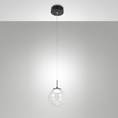 Fabas Luce - Ariel - Lampada a sospensione rotonda a LED con singolo diffusore in vetro - Colore: Trasparente - 1 Lampadina Led Integrato 8W - Lumen 750 - Gradi Kelvin 2700K-3000K-4000K - IP20 - SKU: 3770-40-372