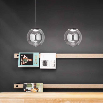 Fabas Luce - Ariel - Lampada a sospensione rotonda a LED con singolo diffusore in vetro grande - Colore: Trasparente - 1 Lampadina Led Integrato 14W - Lumen 1510 - Gradi Kelvin 2700K-3000K-4000K - IP20 - SKU: 3770-45-372