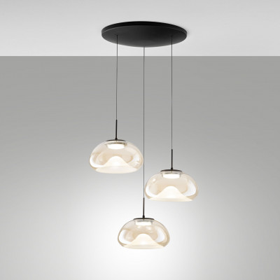 Fabas Luce - Brena - Lampada a sospensione rotonda a LED dimmerabile 3 diffusori in vetro - 3 Lampadine Led Integrato 30W - Lumen 3240 - Gradi Kelvin 2700K-3000K-4000K - IP20 - SKU: 3755-47