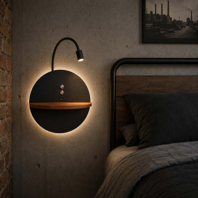 Fabas Luce Dual Lampada da comodino moderna con doppio led struttura in metallo e legno Colore: Nero