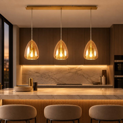 Fabas Luce Britton Lampadario moderno con 3 diffusori pendenti in vetro Colore: Ambra