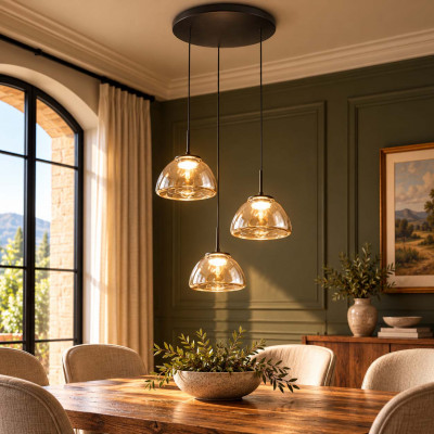 Fabas Luce Lucille Lampadario moderno rotondo a LED con 3 diffusori pendenti in vetro Colore: Cognac