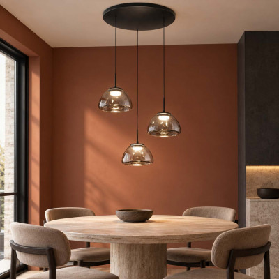 Fabas Luce Lucille Lampadario moderno rotondo a LED con 3 diffusori pendenti in vetro Colore: Grigio Fumè