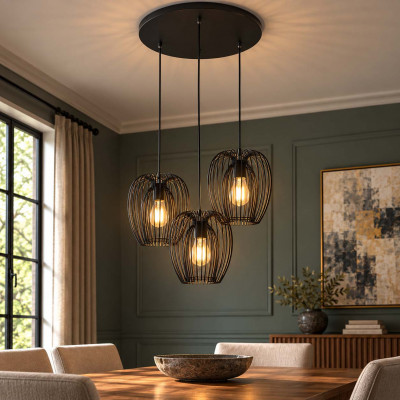 Fabas Luce Camp Lampadario moderno rotondo con 3 diffusori pendenti in metallo Colore: Nero