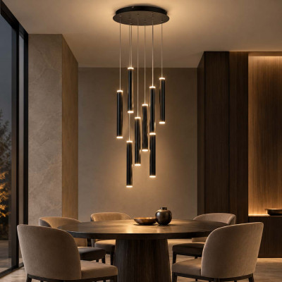 Fabas Luce Prado Lampadario rotondo moderno con 8 diffusori a LED conici a doppia emissione Colore: Nero