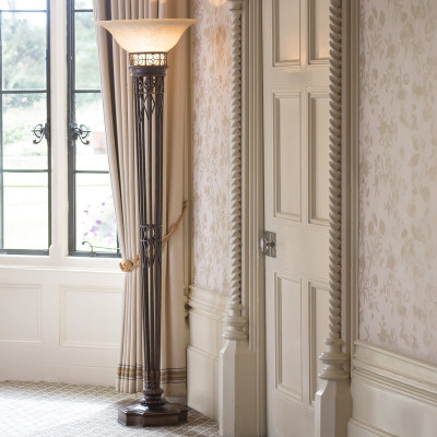 Feiss - Opera - Lampada da terra classica con struttura in metallo e diffusore in vetro - Colore: Oro Scuro - 1 Lampadina E27 100W - IP20 - SKU: FE-OPERA-TCH