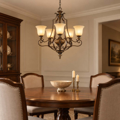 Feiss Kelham Hall Lampadario dal design classico in acciaio con 5 diffusori in vetro Colore: Bronzo