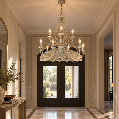 Feiss Maryville Lampadario grande classico in acciaio e strass in legno con 9 luci Colore: Grigio Chiaro