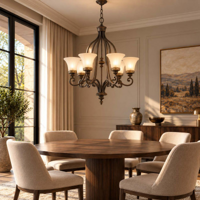Feiss Drawing Room Lampadario in acciaio con 6 diffusori in vetro per salotto in stile classico Colore: Bronzo