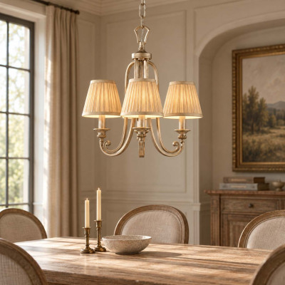 Feiss Abbey Lampadario in acciaio dal design classico con diffusori in tessuto con 3 luci Colore: Argento