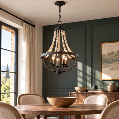 Feiss Nori Lampadario medio classico in acciaio con dettagli in legno a 4 luci Colore: Ruggine