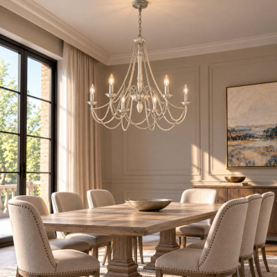 Feiss Maryville Lampadario medio classico in acciaio e strass in legno con 6 luci Colore: Grigio Chiaro