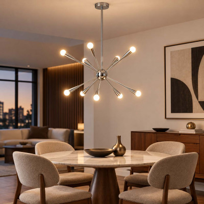 Feiss Jax Lampadario moderno in acciaio a led con 10 diffusori a stella Colore: Nichel