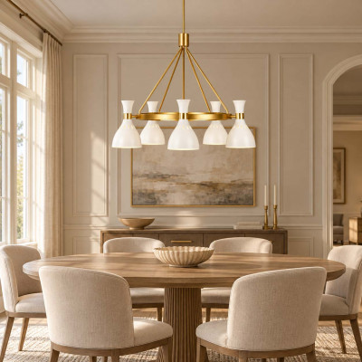 Feiss Joan Lampadario moderno in acciaio altezza regolabile con 5 diffusori in acciaio Colore: Bianco
