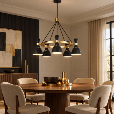 Feiss Joan Lampadario moderno in acciaio altezza regolabile con 5 diffusori in acciaio Colore: Nero