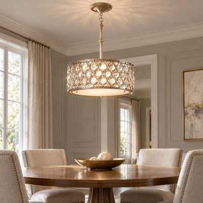 Feiss Lucia Lampadario moderno in acciaio con diffusore rotondo con cristalli a 3 luci Colore: Argento