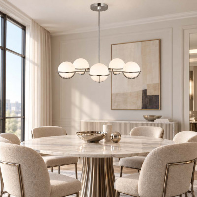 Feiss Apollo Lampadario moderno struttura in acciaio con 5 diffusori in vetro a boccia Colore: Nichel