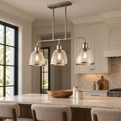 Feiss Hobson Lampadario per isola lineare in acciaio con diffusori in vetro a 3 luci Colore: Nichel