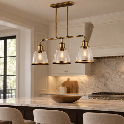 Feiss Hobson Lampadario per isola lineare in acciaio con diffusori in vetro a 3 luci Colore: Ottone