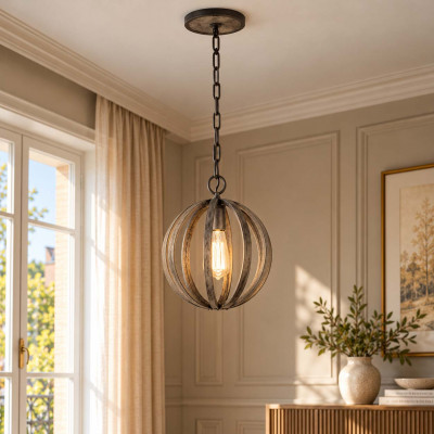 Feiss Allier Lampadario piccolo rustico con diffusore in legno di quercia Colore: Ruggine