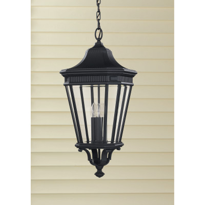 Feiss - Cotswold Lane - Lanterna a catena grande rustica in alluminio diffusore in vetro a 3 luci - Colore: Nero - 3 Lampadine E14 60W - IP44 - SKU: FE-COTSLN8-L-BK