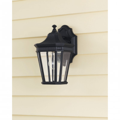 Feiss - Cotswold Lane - Lanterna da parete rustica piccola in alluminio con diffusore in vetro a 1 luce - Colore: Nero - 1 Lampadina E27 100W - IP44 - SKU: FE-COTSLN2-S-BK