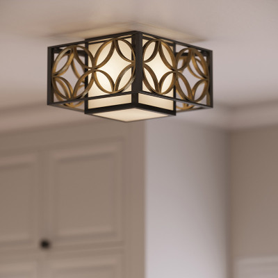 Feiss - Remy - Plafoniera in ferro quadrata dal design classico con diffusore in vetro a 2 luci - Colore: Bronzo - 2 Lampadine E27 60W - IP20 - SKU: FE-REMY-F