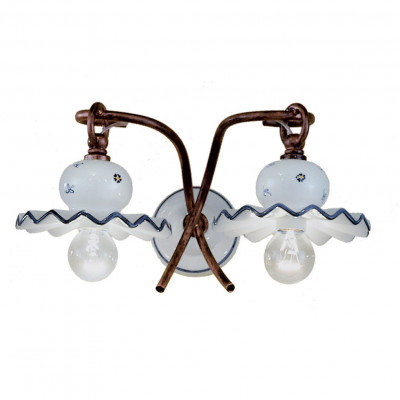 FerroLuce - Roma - Applique da parete in stile rustico con 2 diffusori in ceramica decorata a mano - 2 Lampadine E14 42W - IP20 - SKU: C401-NR-44.DEC.FFB