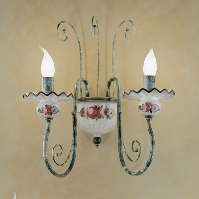 FerroLuce - Sanremo - Applique da parete rustica con 2 diffusori in ceramica decorata a mano - 2 Lampadine E14 42W - IP20 - SKU: C411-VO-11.DEC.OTT