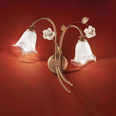 FerroLuce - Siena - Applique da parete rustica con 2 diffusori in vetro e dettagli in ceramica - 2 Lampadine E14 42W - IP20 - SKU: C1182-RU-02