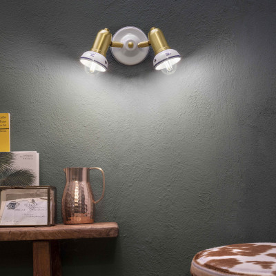 FerroLuce - Savona - Applique da parete rustica con doppio paralume in ceramica decorata a mano - 2 Lampadine E14 42W - IP20 - SKU: C563-OS-44.DEC.FFB