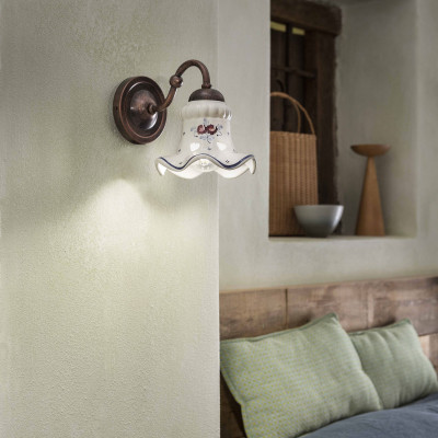 FerroLuce - Chieti - Applique rustica con struttura in metallo e paralume in ceramica dipinta a mano - 1 Lampadina E14 60W - IP20 - SKU: C172-NR-17.DEC.PEO