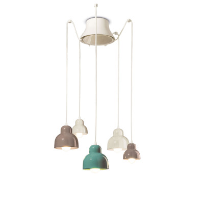 FerroLuce - Berimbau - Lampada a sospensione con 5 diffusori in ceramica dalle linee moderne decò - Colore: Multicolore - 5 Lampadine E27 53W - IP20 - SKU: C2608-MIX