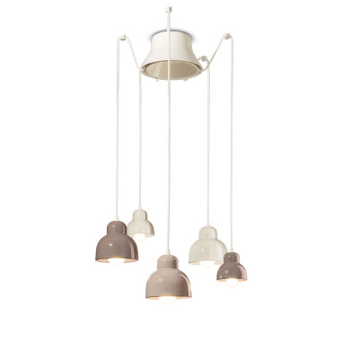 FerroLuce - Berimbau - Lampada a sospensione con 5 diffusori in ceramica dalle linee moderne decò - Colore: Toni Caldi - 5 Lampadine E27 53W - IP20 - SKU: C2609-MIX
