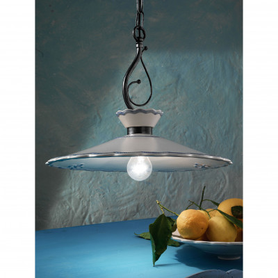 FerroLuce - Ravenna - Lampada a sospensione grande rustica con paralume in ceramica decorata a mano - 1 Lampadina E27 75W - IP20 - SKU: C928-NA-FBL