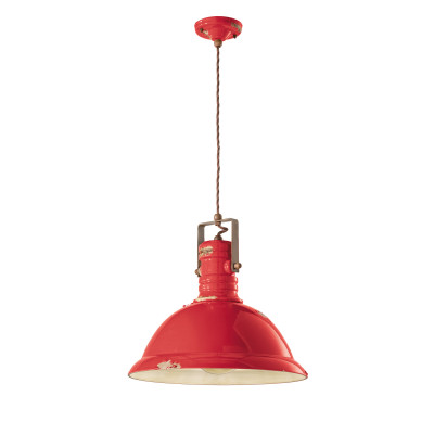 FerroLuce - Industrial - Lampada a sospensione in metallo in stile industrial con diffusore in ceramica - Colore: Rosso - 1 Lampadina - E27 - 77W - IP20 - SKU: C1690-VIR
