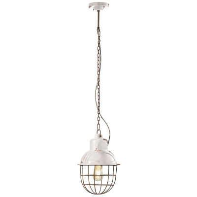 FerroLuce Industrial Lampada a sospensione in stile industrial con diffusore in ceramica con gabbia Colore: Bianco