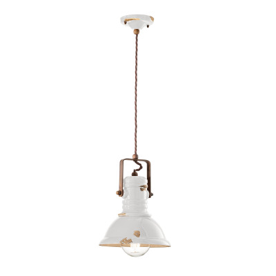 FerroLuce - Industrial - Lampada a sospensione piccola in stile industrial con diffusore in ceramica - Colore: Bianco - 1 Lampadina - E27 - 53W - IP20 - SKU: C1691-VIB