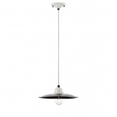 FerroLuce - B&W - Lampada a sospensione piccola industrial in metallo e paralume in ceramica - 1 Lampadina E27 77W - IP20 - SKU: C1610