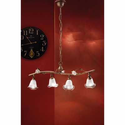 FerroLuce - Siena - Lampadario rustico con 4 diffusori in vetro e dettagli in ceramica - 4 Lampadine E14 42W - IP20 - SKU: C1187-4-RU-02