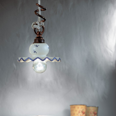 FerroLuce - Roma - Lampada a sospensione rustica con diffusore in ceramica decorata a mano - 1 Lampadina E14 42W - IP20 - SKU: C405-NR-44.DEC.FFB