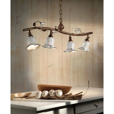 FerroLuce - Pisa - Lampadario rustico con quattro diffusori in ceramica decorati a mano - 4 Lampadine E14 42W - IP20 - SKU: C1207-4-RU-13.DEC.CO