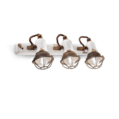 FerroLuce - Loft - Lampada da parete dal design industrial con 3 diffusori a griglia in ceramica - 3 Lampadine E14 46W - IP20 - SKU: C1677/1