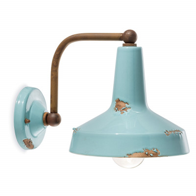 FerroLuce - Vintage - Lampada da parete in stile industrial in metallo con diffusore in ceramica - Colore: Azzurro - 1 Lampadina - E27 - 53W - IP20 - SKU: C1420-VIA